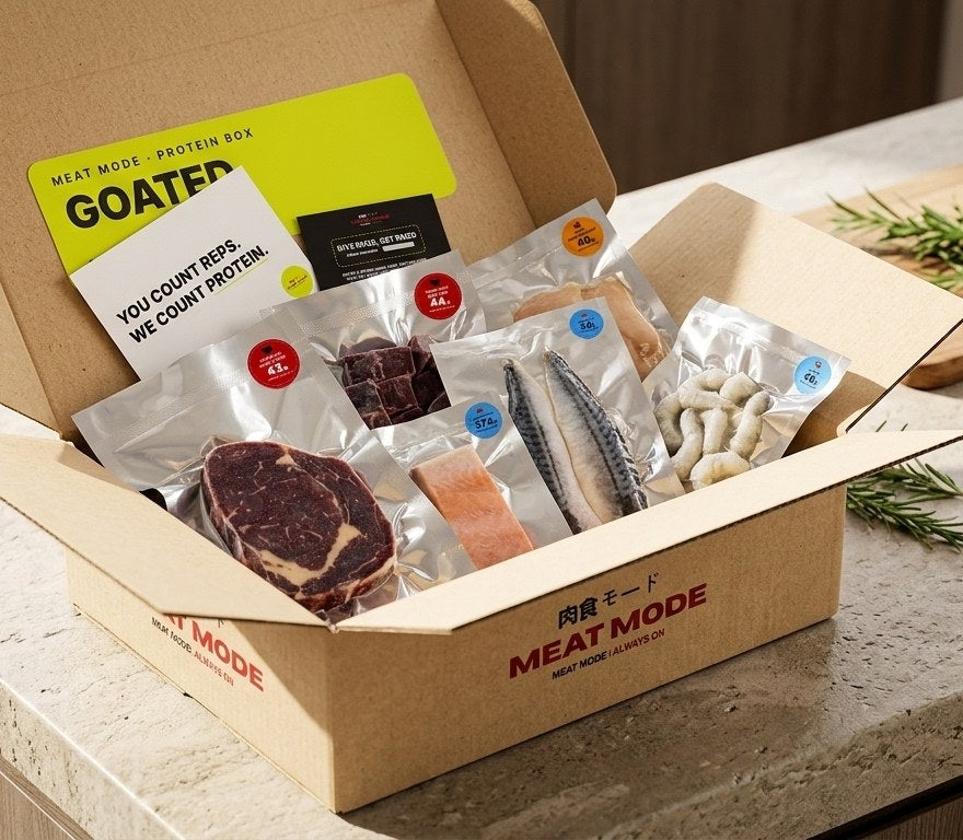 An open Meat Mode Protein Box on a kitchen counter, with vacuum-packed cuts of beef, salmon, chicken and prawn, each with a macro label.